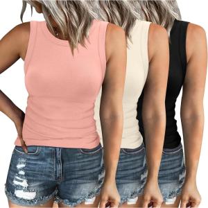 XIEERDUO Womens Summer Tank Tops Racerback High Neck Basic Casual Slim Fit Sleeveless 3 Pack(05-3 Pack Black Beige Pink)