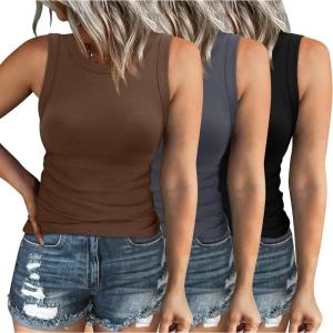 XIEERDUO Womens Summer Tank Tops Racerback High Neck Basic Casual Slim Fit Sleeveless 3 Pack(05-3 Pack Black Brown Grey)