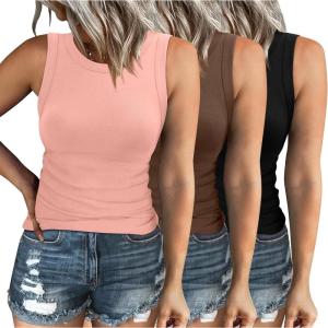 XIEERDUO Womens Summer Tank Tops Racerback High Neck Basic Casual Slim Fit Sleeveless 3 Pack(05-3 Pack Black Brown Pink)