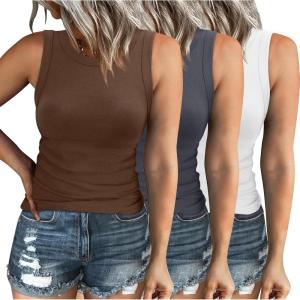 XIEERDUO Womens Summer Tank Tops Racerback High Neck Basic Casual Slim Fit Sleeveless 3 Pack(05-3 Pack White Brown Grey)