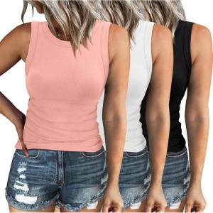 XIEERDUO Womens Summer Tank Tops Racerback High Neck Basic Casual Slim Fit Sleeveless 3 Pack(06-3 Pack Black White Pink)
