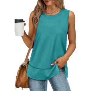 XIEERDUO Womens Summer Tank Tops Sleeveless Round Neck Casual Side Hem Tops Loose Fit(B Turquoise)