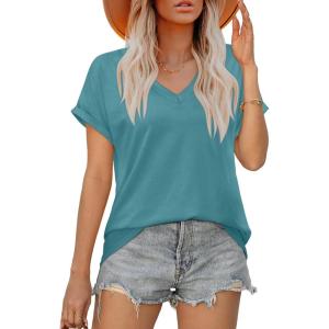 XIEERDUO Womens Summer Tops Short Sleeve Shirts Casual V Neck T Shirt Loose Fit Comfy(Blue)