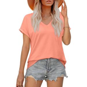 XIEERDUO Womens Summer Tops Short Sleeve Shirts Casual V Neck T Shirt Loose Fit Comfy(Coral)