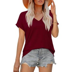 XIEERDUO Womens Summer Tops Short Sleeve Shirts Casual V Neck T Shirt Loose Fit Comfy(C-red)