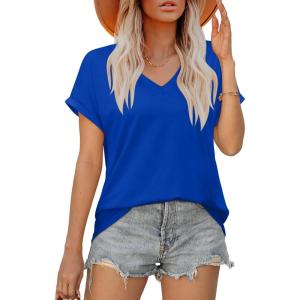 XIEERDUO Womens Summer Tops Short Sleeve Shirts Casual V Neck T Shirt Loose Fit Comfy(C-royal Blue)