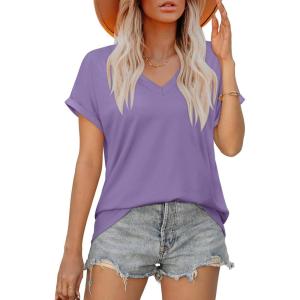 XIEERDUO Womens Summer Tops Short Sleeve Shirts Casual V Neck T Shirt Loose Fit Comfy(Cr-purple)
