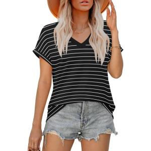 XIEERDUO Womens Summer Tops Short Sleeve Shirts Casual V Neck T Shirt Loose Fit Comfy(Cv-black Stripe)