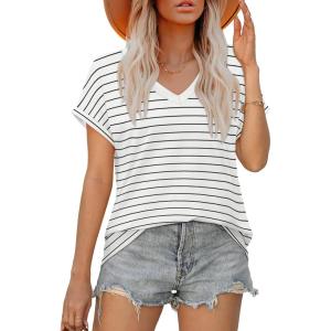 XIEERDUO Womens Summer Tops Short Sleeve Shirts Casual V Neck T Shirt Loose Fit Comfy(Cv-white Stripe)