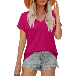 XIEERDUO Womens Summer Tops Short Sleeve Shirts Casual V Neck T Shirt Loose Fit Comfy(Deep Pink)