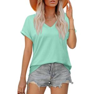 XIEERDUO Womens Summer Tops Short Sleeve Shirts Casual V Neck T Shirt Loose Fit Comfy(D-lake Green)