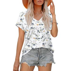 XIEERDUO Womens Summer Tops Short Sleeve Shirts Casual V Neck T Shirt Loose Fit Comfy(H-blue Floral)