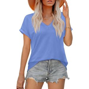XIEERDUO Womens Summer Tops Short Sleeve Shirts Casual V Neck T Shirt Loose Fit Comfy(Light Blue)