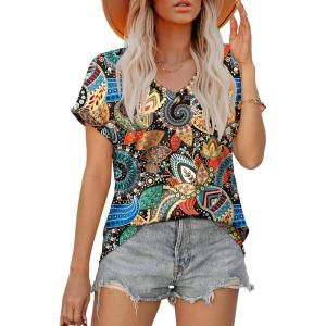 XIEERDUO Womens Summer Tops Short Sleeve Shirts Casual V Neck T Shirt Loose Fit Comfy(Multicolor Printing)