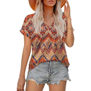 XIEERDUO Womens Summer Tops Short Sleeve Shirts Casual V Neck T Shirt Loose Fit Comfy(Patterned Boho)