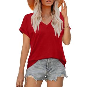 XIEERDUO Womens Summer Tops Short Sleeve Shirts Casual V Neck T Shirt Loose Fit Comfy(Red)