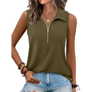 XIEERDUO Womens Summer Tops V Neck Collared Shirts Dressy Casual Ribbed Tank Top with Zipper Loose Fit(Army Green)
