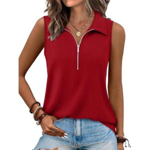 XIEERDUO Womens Summer Tops V Neck Collared Shirts Dressy Casual Ribbed Tank Top with Zipper Loose Fit(Red)