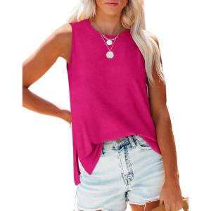 XIEERDUO Womens Tank Tops Crewneck Loose Fit Basic Casual Summer Side Split Sleeveless Shirts(B-hot Pink)