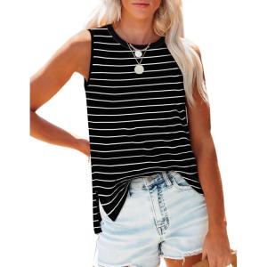 XIEERDUO Womens Tank Tops Crewneck Loose Fit Basic Casual Summer Side Split Sleeveless Shirts(Ea-black Stripe)