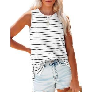 XIEERDUO Womens Tank Tops Crewneck Loose Fit Basic Casual Summer Side Split Sleeveless Shirts(Ea-white Stripe)