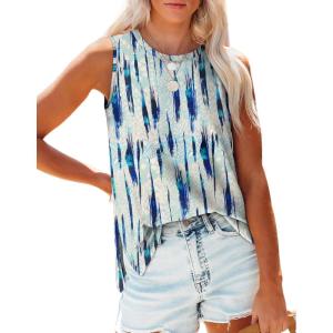 XIEERDUO Womens Tank Tops Crewneck Loose Fit Basic Casual Summer Side Split Sleeveless Shirts(Eb-blue Printed)