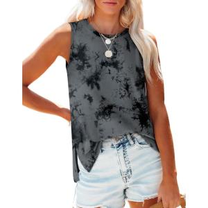 XIEERDUO Womens Tank Tops Crewneck Loose Fit Basic Casual Summer Side Split Sleeveless Shirts(Eb-grey Tie Dye)