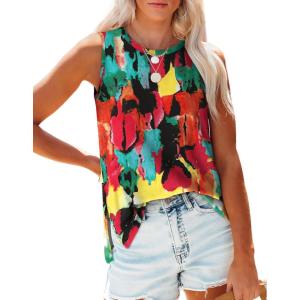 XIEERDUO Womens Tank Tops Crewneck Loose Fit Basic Casual Summer Side Split Sleeveless Shirts(Eb-pink Print)