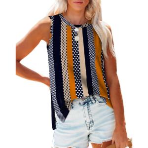 XIEERDUO Womens Tank Tops Crewneck Loose Fit Basic Casual Summer Side Split Sleeveless Shirts(E-khaki Stripe)