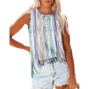 XIEERDUO Womens Tank Tops Crewneck Loose Fit Basic Casual Summer Side Split Sleeveless Shirts(Hc-colorful Stripe)