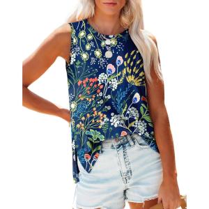 XIEERDUO Womens Tank Tops Crewneck Loose Fit Basic Casual Summer Side Split Sleeveless Shirts(Hf-blue Flower)