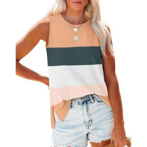 XIEERDUO Womens Tank Tops Crewneck Loose Fit Basic Casual Summer Side Split Sleeveless Shirts(Hi-peach Colorblock)