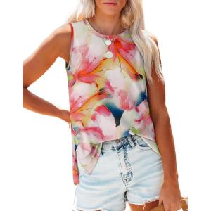 XIEERDUO Womens Tank Tops Crewneck Loose Fit Basic Casual Summer Side Split Sleeveless Shirts(Hj-peach Floral)