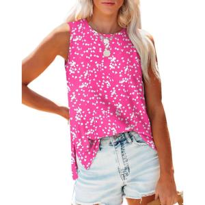 XIEERDUO Womens Tank Tops Crewneck Loose Fit Basic Casual Summer Side Split Sleeveless Shirts(I-hot Pink Floral)
