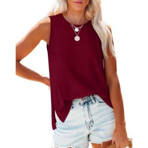 XIEERDUO Womens Tank Tops Crewneck Loose Fit Basic Casual Summer Side Split Sleeveless Shirts(K-burgundy)