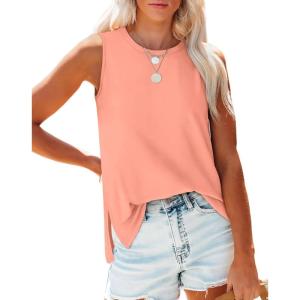 XIEERDUO Womens Tank Tops Crewneck Loose Fit Basic Casual Summer Side Split Sleeveless Shirts(L-coral)