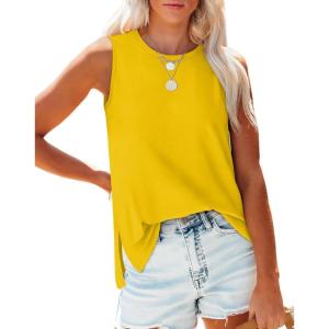 XIEERDUO Womens Tank Tops Crewneck Loose Fit Basic Casual Summer Side Split Sleeveless Shirts(N-yellow)