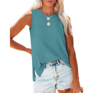 XIEERDUO Womens Tank Tops Crewneck Loose Fit Basic Casual Summer Side Split Sleeveless Shirts(O-blue Green)