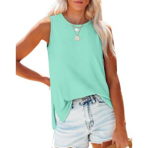 XIEERDUO Womens Tank Tops Crewneck Loose Fit Basic Casual Summer Side Split Sleeveless Shirts(P-lake Green)