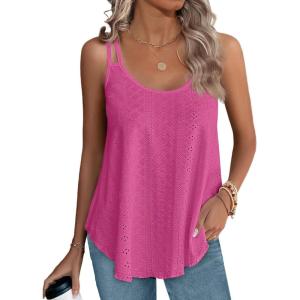 XIEERDUO Womens Tank Tops Spaghetti Strap Camisoles Eyelet Embroidery Scoop Neck Tops(I- Hot Pink)