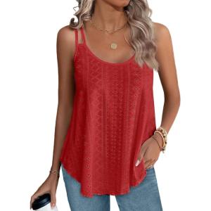 XIEERDUO Womens Tank Tops Spaghetti Strap Camisoles Eyelet Embroidery Scoop Neck Tops(J- Red)