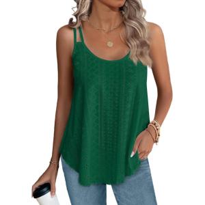 XIEERDUO Womens Tank Tops Spaghetti Strap Camisoles Eyelet Embroidery Scoop Neck Tops(L- Dark Green)
