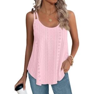 XIEERDUO Womens Tank Tops Spaghetti Strap Camisoles Eyelet Embroidery Scoop Neck Tops(Light Pink)