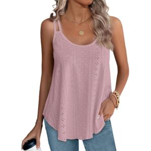 XIEERDUO Womens Tank Tops Spaghetti Strap Camisoles Eyelet Embroidery Scoop Neck Tops(M- Pink)