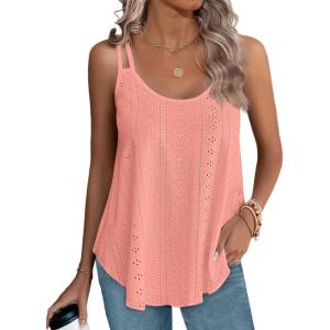 XIEERDUO Womens Tank Tops Spaghetti Strap Camisoles Eyelet Embroidery Scoop Neck Tops(M1- Coral)