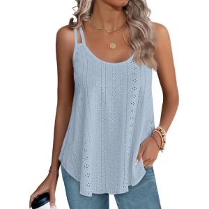 XIEERDUO Womens Tank Tops Spaghetti Strap Camisoles Eyelet Embroidery Scoop Neck Tops(M3- Blue)