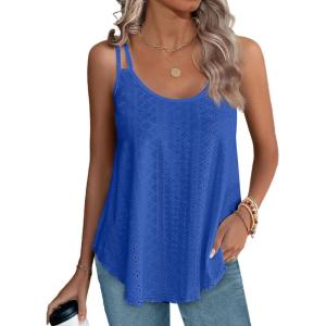 XIEERDUO Womens Tank Tops Spaghetti Strap Camisoles Eyelet Embroidery Scoop Neck Tops(M5- Royal Blue)