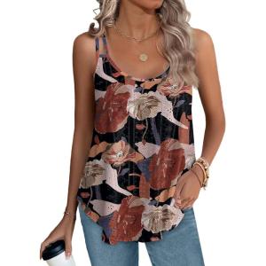 XIEERDUO Womens Tank Tops Spaghetti Strap Camisoles Eyelet Embroidery Scoop Neck Tops(N- Khaki Flower)
