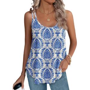 XIEERDUO Womens Tank Tops Spaghetti Strap Camisoles Eyelet Embroidery Scoop Neck Tops(S- Blue Floral)