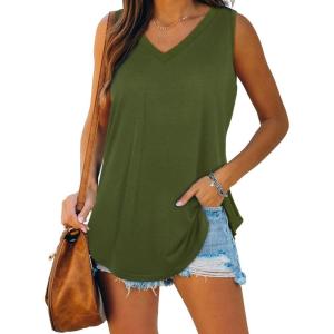 XIEERDUO Womens Tank Tops V Neck Basic Solid Color Casual Flowy Summer Sleeveless(01-army Green)